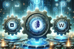 Three metal gears with digital icons and circuit background symbolize Coinmama, buy bitcoin, and crypto.